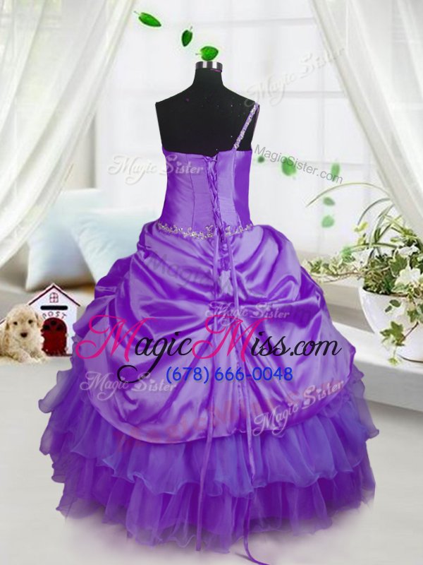 wholesale elegant sleeveless floor length beading and ruffled layers and pick ups lace up pageant gowns for girls with purple