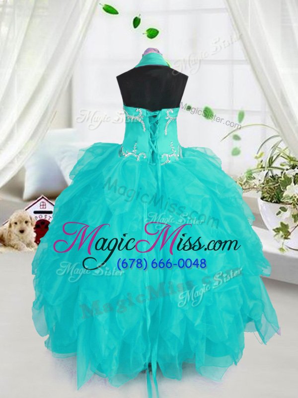 wholesale super organza halter top sleeveless lace up beading little girls pageant dress in aqua blue