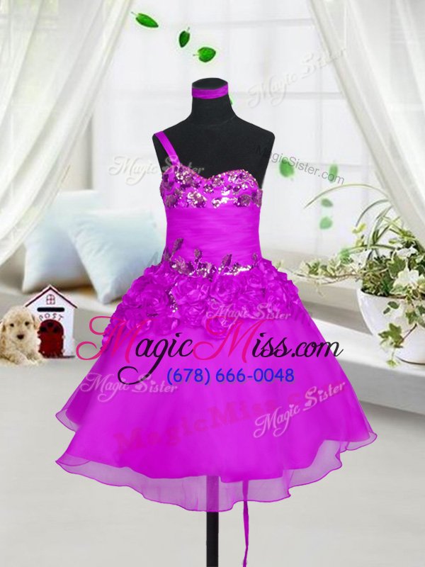 wholesale modest fuchsia a-line sweetheart sleeveless organza knee length lace up beading and hand made flower flower girl dress