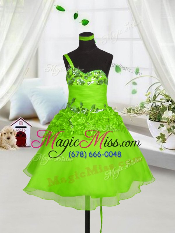 wholesale customized one shoulder knee length little girls pageant dress organza sleeveless beading and hand made flower