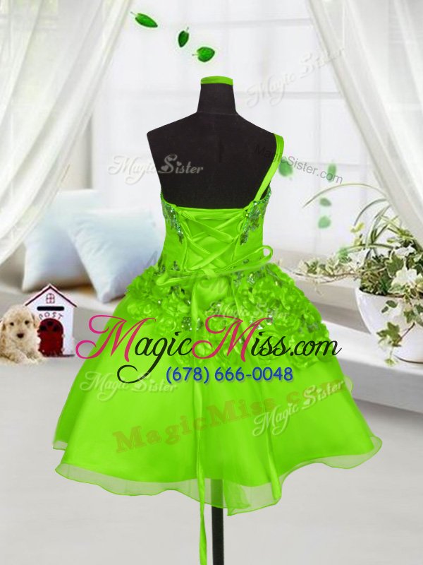wholesale customized one shoulder knee length little girls pageant dress organza sleeveless beading and hand made flower