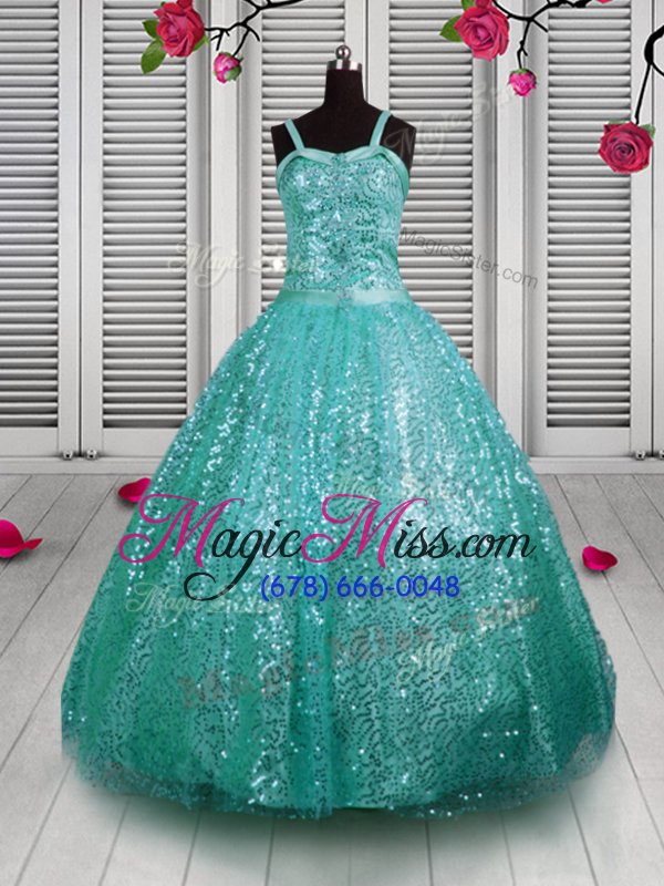 wholesale most popular sleeveless floor length beading and sequins lace up girls pageant dresses with turquoise