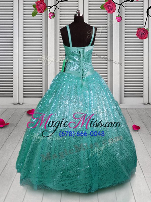 wholesale most popular sleeveless floor length beading and sequins lace up girls pageant dresses with turquoise