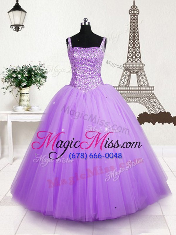 wholesale lilac ball gowns tulle straps sleeveless beading and sequins floor length lace up little girls pageant dress