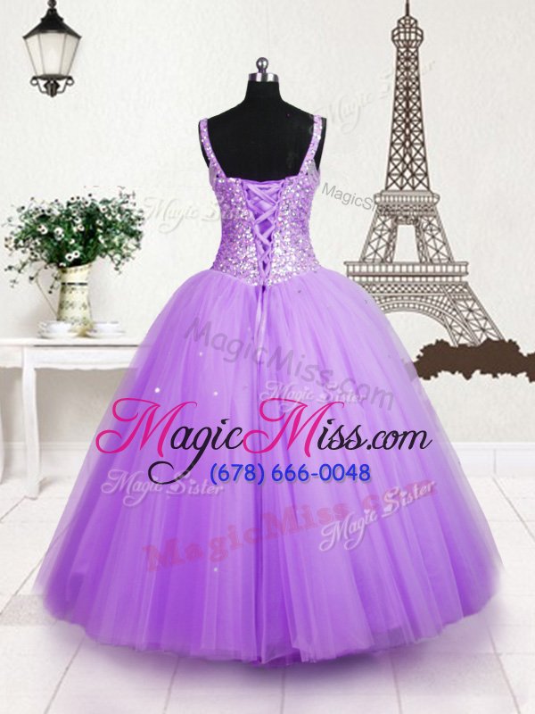 wholesale lilac ball gowns tulle straps sleeveless beading and sequins floor length lace up little girls pageant dress