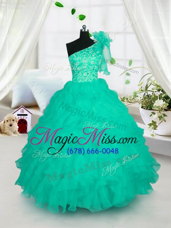 wholesale one shoulder turquoise lace up girls pageant dresses embroidery and ruffles sleeveless floor length