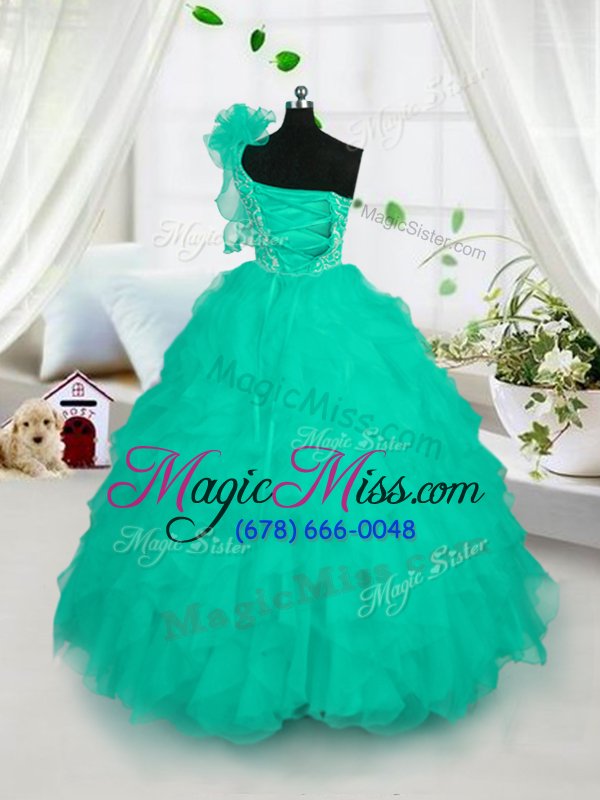 wholesale one shoulder turquoise lace up girls pageant dresses embroidery and ruffles sleeveless floor length