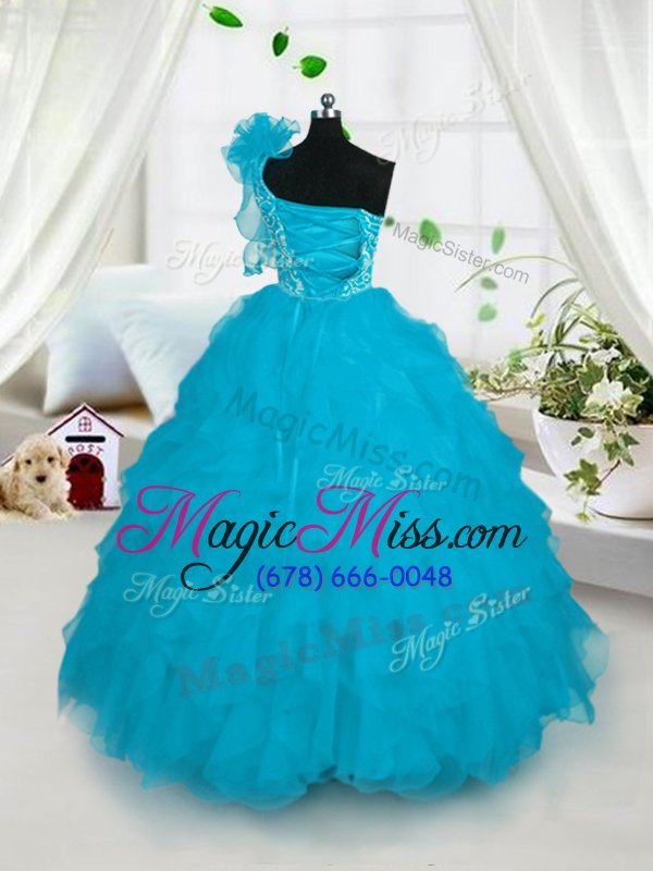 wholesale elegant one shoulder turquoise lace up kids pageant dress embroidery and ruffles sleeveless floor length
