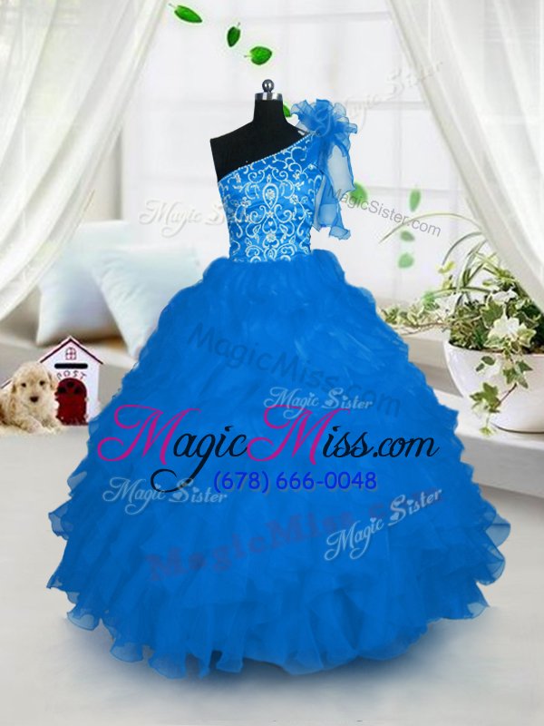 wholesale best aqua blue organza lace up one shoulder sleeveless floor length little girls pageant dress embroidery and ruffles