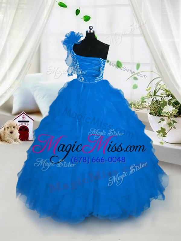 wholesale best aqua blue organza lace up one shoulder sleeveless floor length little girls pageant dress embroidery and ruffles