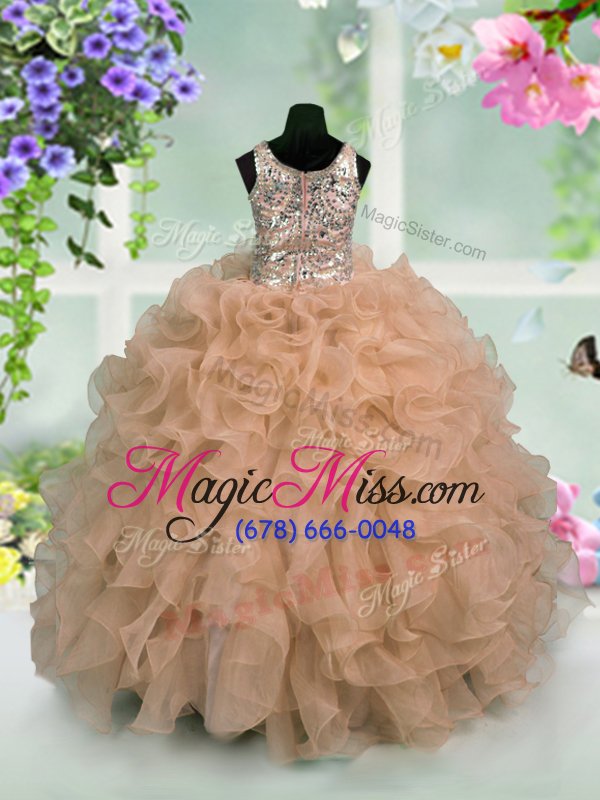 wholesale eye-catching scoop sleeveless organza floor length zipper pageant gowns for girls in pink for with ruffles and sequins