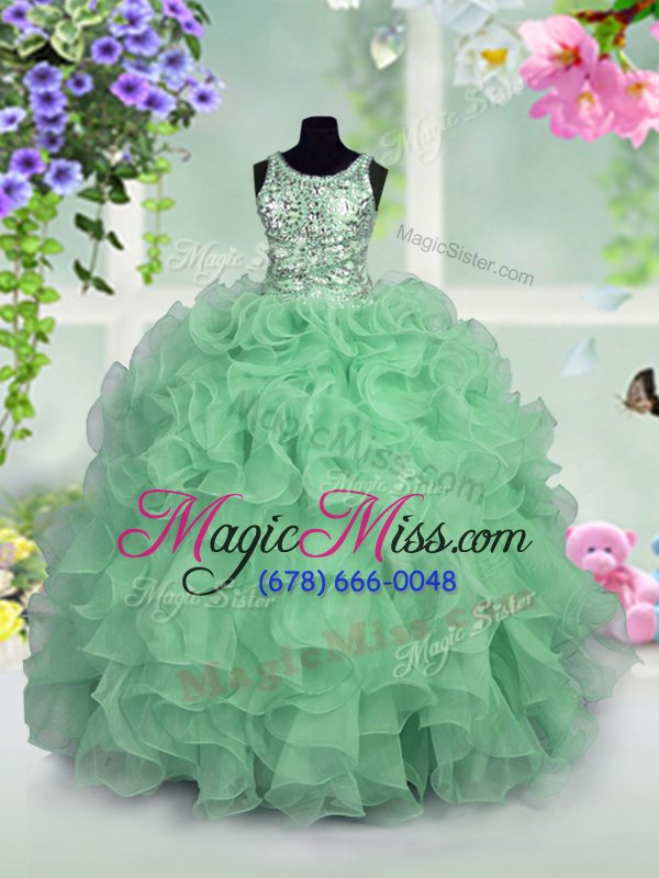 wholesale fancy apple green ball gowns organza scoop sleeveless ruffles and sequins floor length zipper pageant gowns for girls