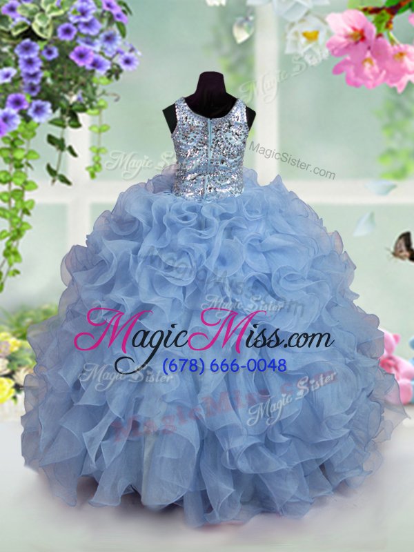 wholesale discount light blue ball gowns scoop sleeveless organza floor length zipper ruffles and sequins little girls pageant gowns