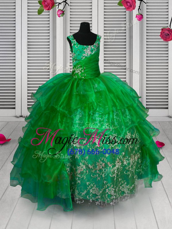 wholesale high class ruffled straps sleeveless lace up little girls pageant dress wholesale green organza