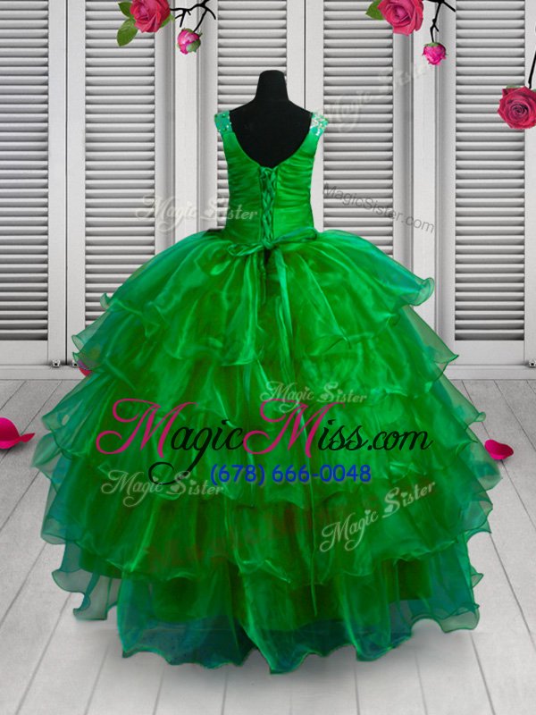wholesale high class ruffled straps sleeveless lace up little girls pageant dress wholesale green organza