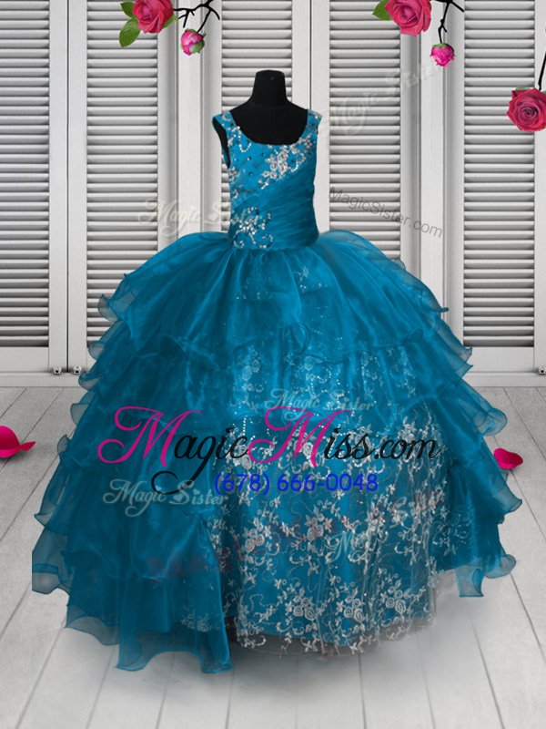 wholesale aqua blue sleeveless floor length appliques and ruffled layers lace up little girl pageant dress