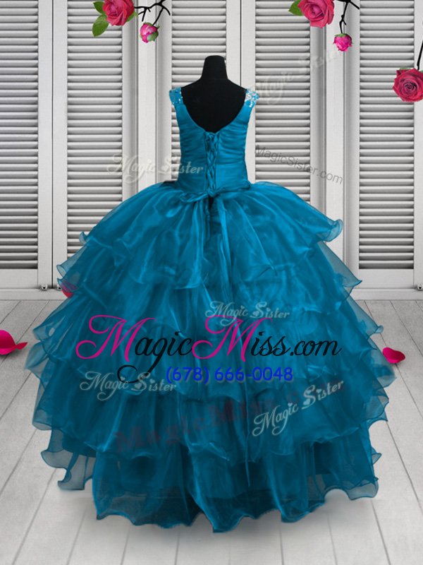 wholesale aqua blue sleeveless floor length appliques and ruffled layers lace up little girl pageant dress