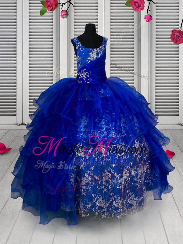 wholesale affordable straps sleeveless lace up little girl pageant gowns blue organza