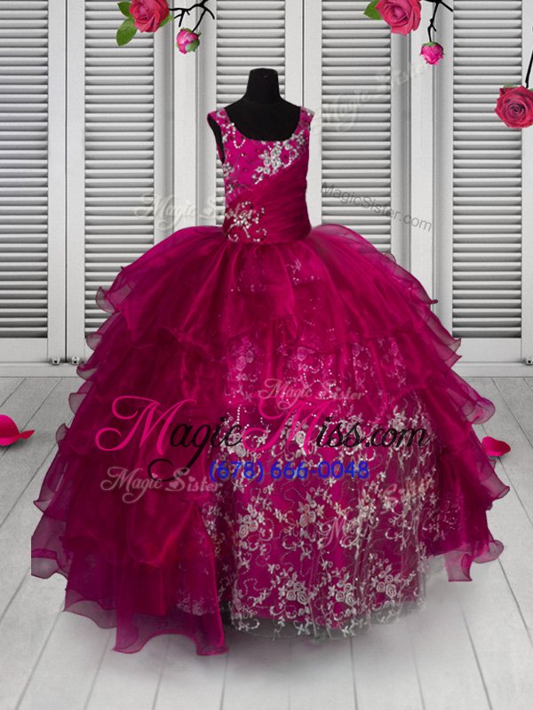 wholesale customized ruffled fuchsia sleeveless organza lace up child pageant dress for party and wedding party