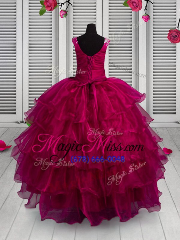 wholesale customized ruffled fuchsia sleeveless organza lace up child pageant dress for party and wedding party