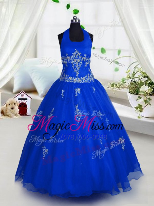 wholesale halter top floor length a-line sleeveless blue little girls pageant dress wholesale lace up