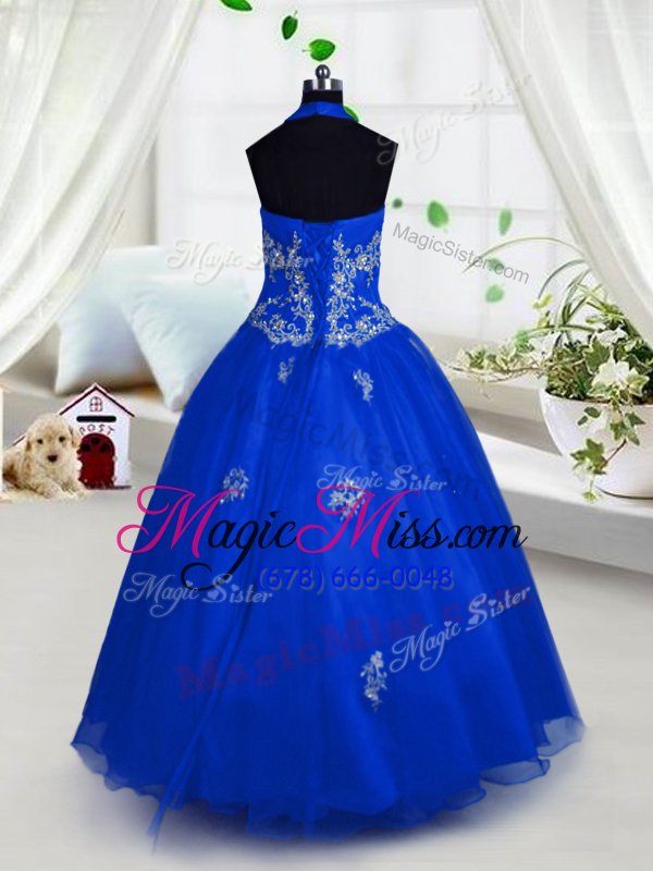 wholesale halter top floor length a-line sleeveless blue little girls pageant dress wholesale lace up