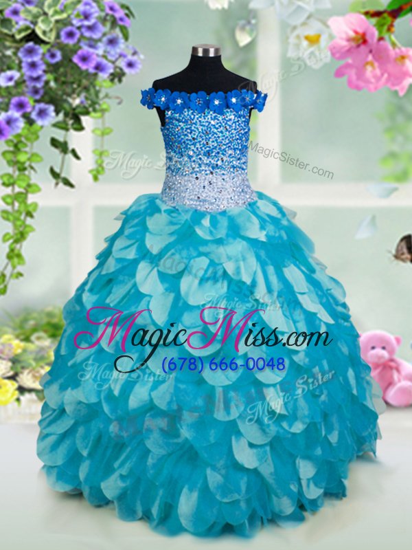 wholesale fantastic off the shoulder sleeveless floor length beading and sashes|ribbons and sequins lace up kids pageant dress with turquoise