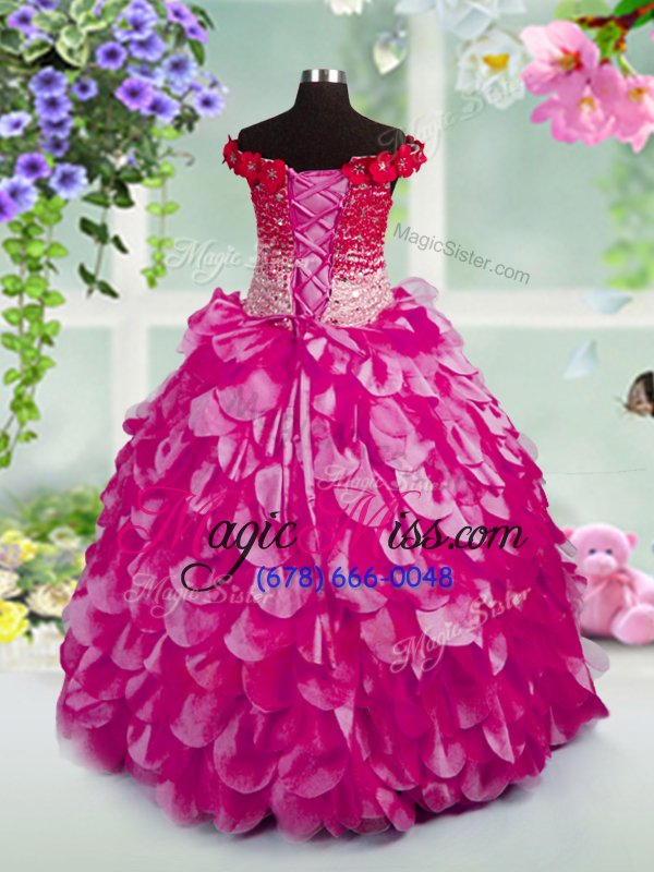 wholesale fantastic off the shoulder sleeveless lace up floor length beading and hand made flower child pageant dress