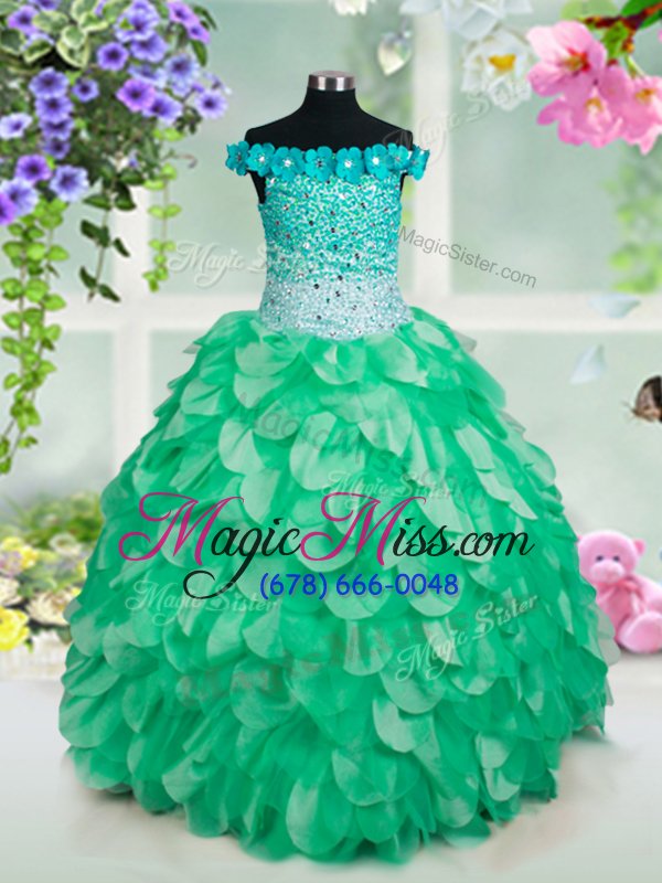 wholesale custom fit off the shoulder sleeveless beading and hand made flower lace up little girls pageant dress