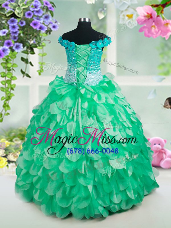 wholesale custom fit off the shoulder sleeveless beading and hand made flower lace up little girls pageant dress