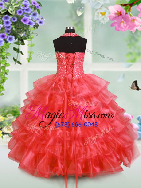 wholesale organza halter top sleeveless lace up beading and ruffled layers child pageant dress in watermelon red