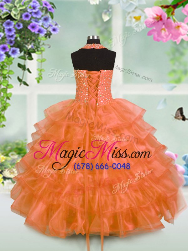 wholesale ruffled ball gowns little girl pageant dress orange halter top organza sleeveless floor length lace up