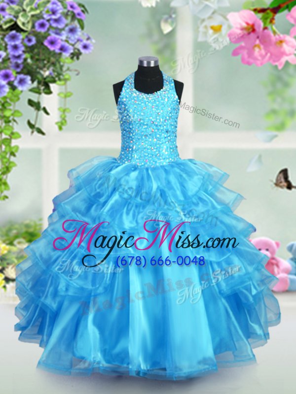 wholesale on sale aqua blue ball gowns organza halter top sleeveless beading and ruffled layers floor length lace up little girls pageant dress