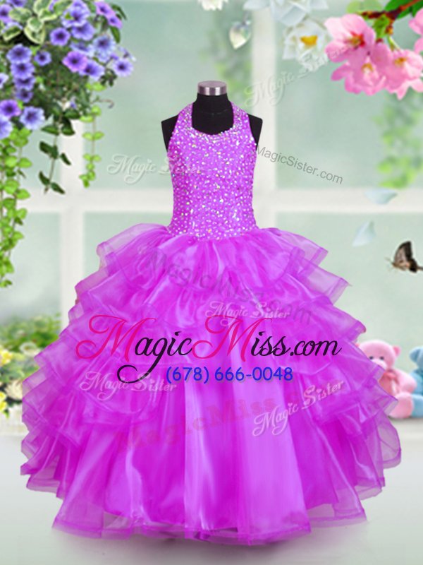 wholesale super halter top sleeveless floor length beading and ruffled layers lace up child pageant dress with lilac