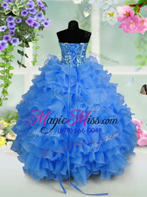 wholesale cheap sequins ruffled floor length light blue little girls pageant dress sweetheart sleeveless lace up