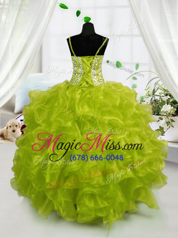 wholesale custom designed floor length yellow green little girls pageant dress wholesale organza sleeveless beading and ruffles