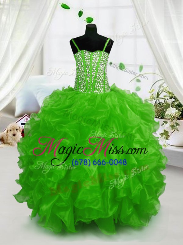 wholesale customized green sleeveless floor length beading and ruffles lace up little girls pageant dress wholesale