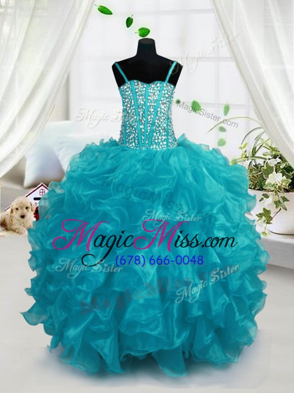 wholesale floor length lace up little girls pageant dress aqua blue and in for party and wedding party with beading and ruffles