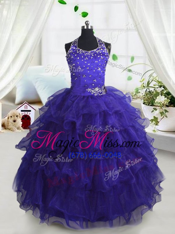 wholesale perfect scoop ruffled navy blue sleeveless organza lace up little girl pageant gowns for party and wedding party