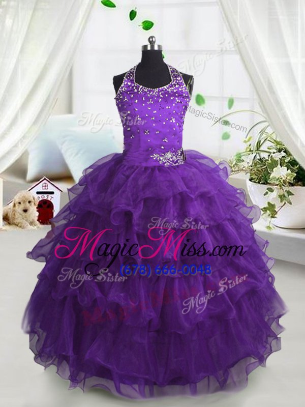 wholesale admirable scoop ruffled purple sleeveless organza lace up little girls pageant dress wholesale for party and wedding party
