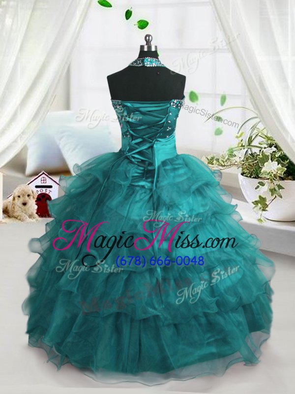 wholesale perfect beading and ruffled layers kids formal wear turquoise lace up sleeveless floor length