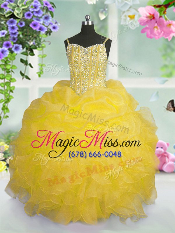 wholesale enchanting gold ball gowns organza spaghetti straps sleeveless beading and ruffles and pick ups floor length lace up little girls pageant gowns