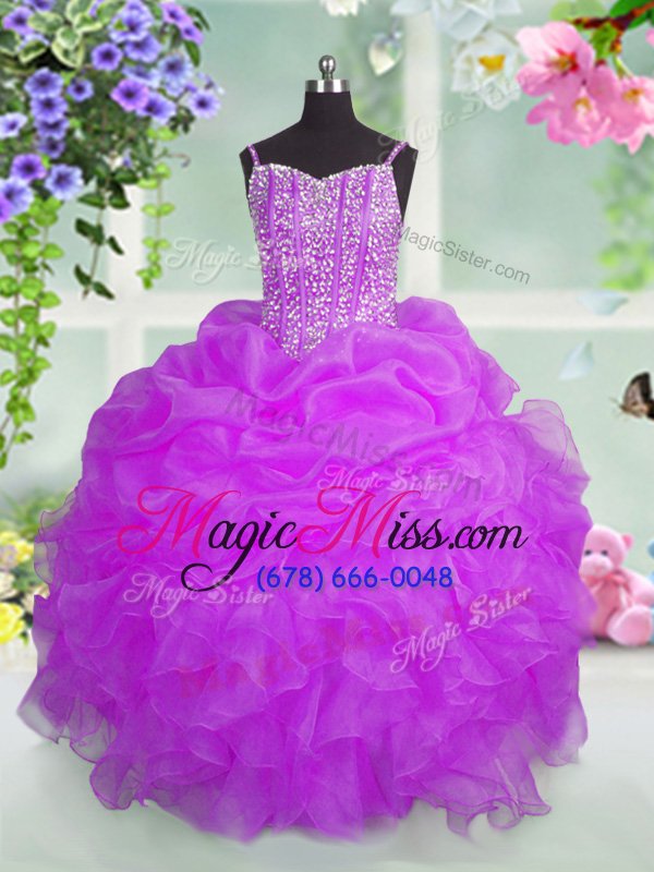 wholesale custom made spaghetti straps sleeveless little girl pageant gowns floor length beading and ruffles and pick ups fuchsia organza