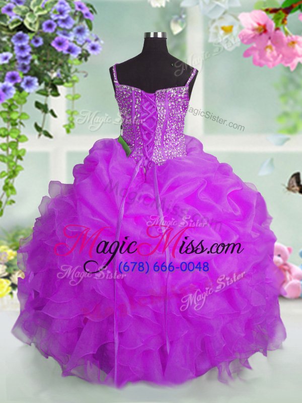 wholesale custom made spaghetti straps sleeveless little girl pageant gowns floor length beading and ruffles and pick ups fuchsia organza