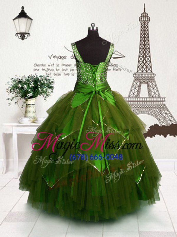 wholesale high class olive green lace up straps beading and belt pageant gowns for girls tulle sleeveless