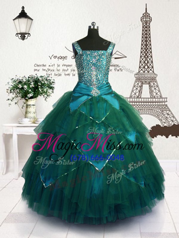 wholesale top selling floor length teal little girl pageant dress tulle sleeveless beading and belt