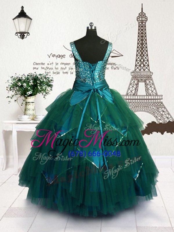 wholesale top selling floor length teal little girl pageant dress tulle sleeveless beading and belt