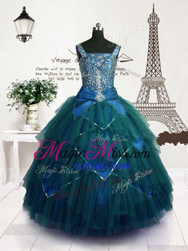 wholesale charming teal sleeveless beading and belt floor length child pageant dress