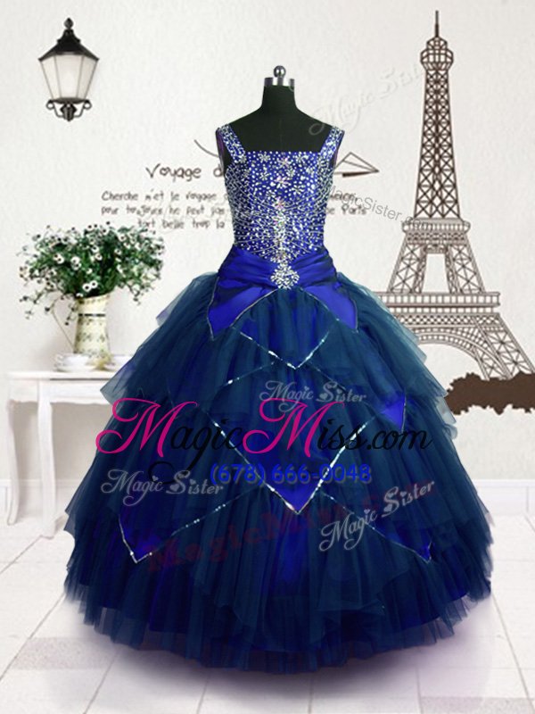 wholesale classical royal blue ball gowns straps sleeveless tulle floor length lace up beading and belt kids pageant dress