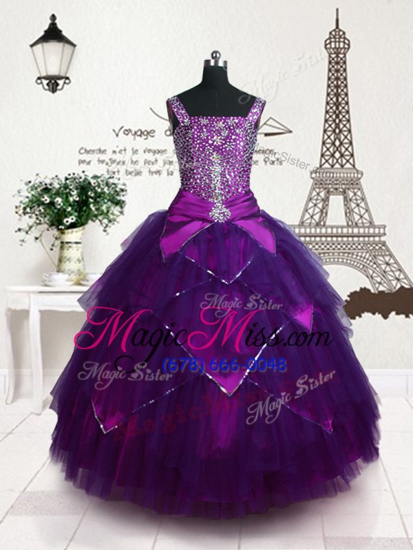 wholesale excellent sleeveless floor length belt lace up child pageant dress with purple
